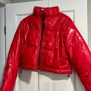 Red puffer jacket